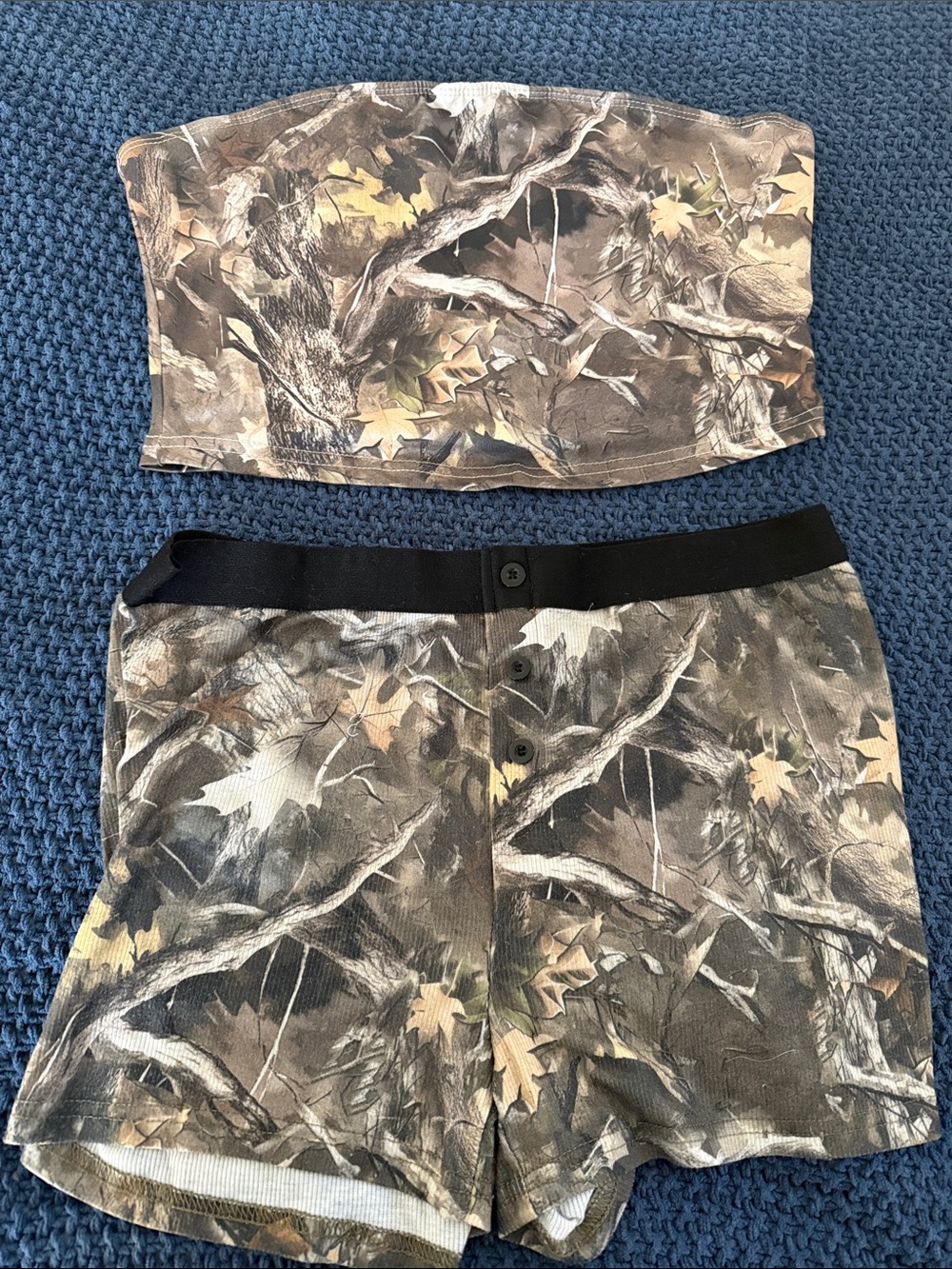 SHEIN Brown Green Camo Strapless Bandeau Top and Button-Front Shorts Set